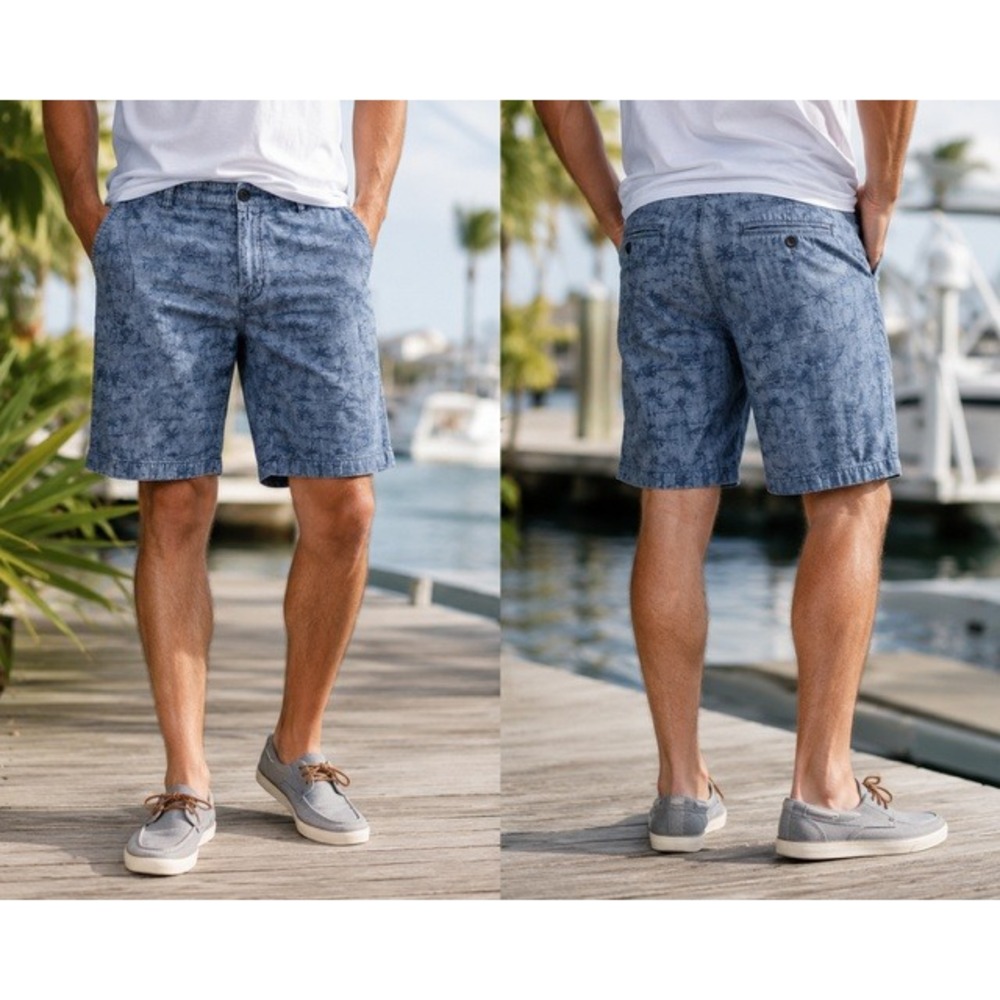 Nautica Mens Blue Tropical Palm Tree Print Cotton Flat Front Shorts Size 32W